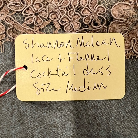 Shannon McLean Tan Gray Flannel Cocktail Dress Lace Bodice Cap Sleeve Size M - Picture 9 of 10